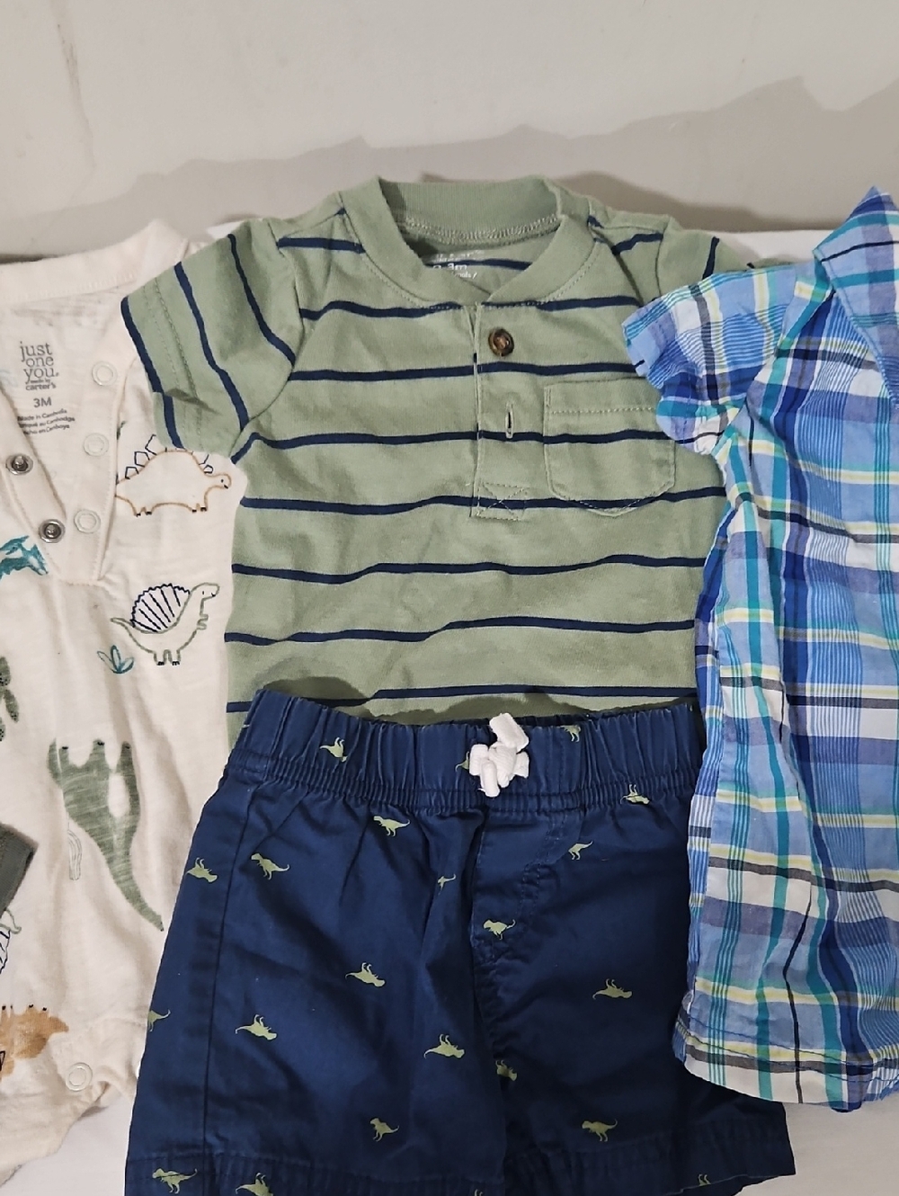 4 Piece Set Carter's Green & Navy Striped Short-Sleeve Tee with Navy Dino Shorts